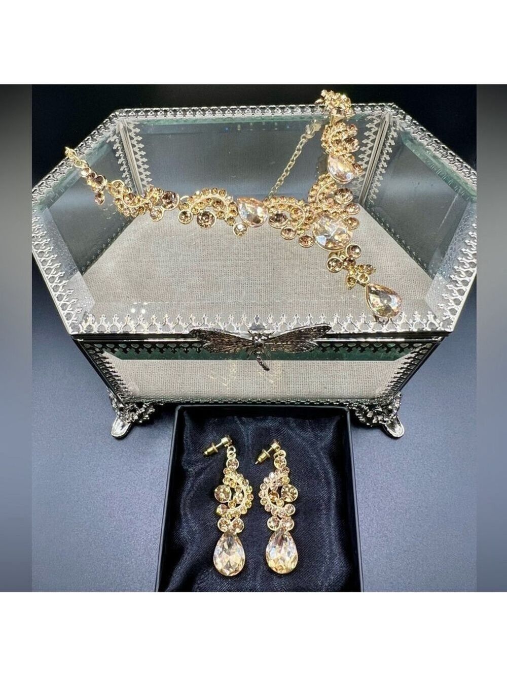 Radiant Gold Teardrop Necklace Earring Jewelry Set Zircon NIB